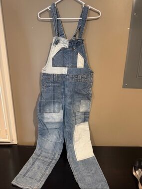 Pilcro Patchwork Denim Overalls in Light & Medium Blue